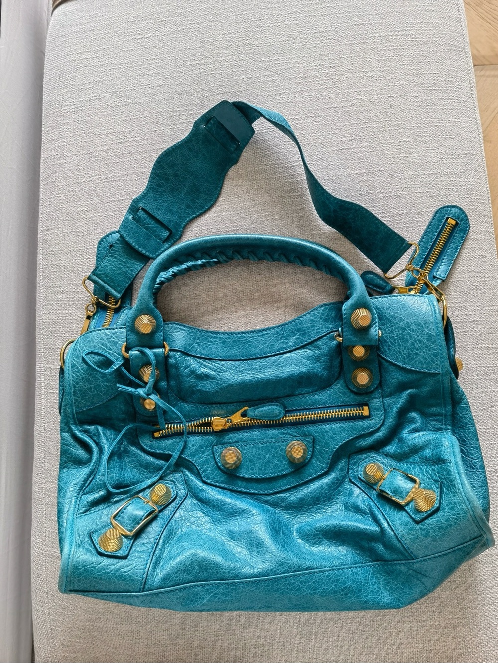 Balenciaga Teal Leather Shoulder Bag with Gold Hardware